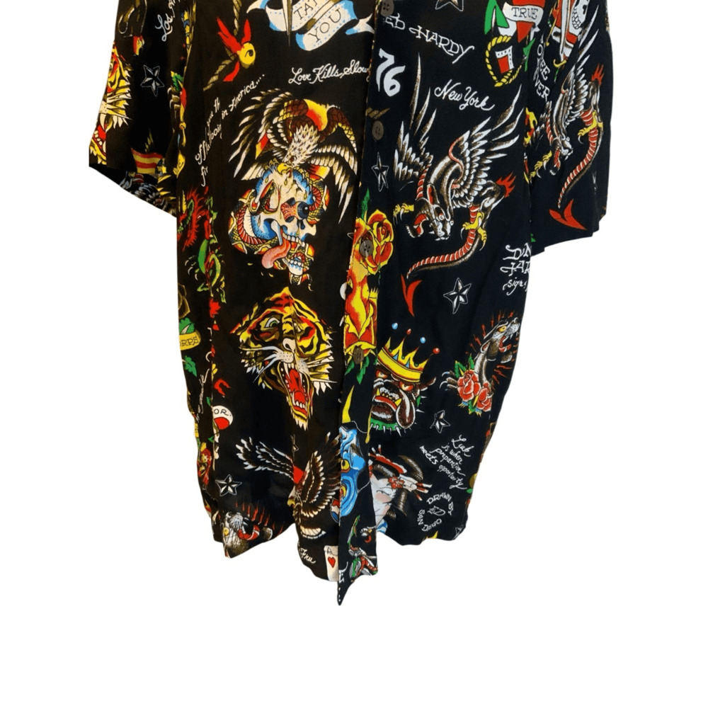 ED HARDY Button Up Shirt Tattoo Sz Small Skull Lion Tiger - Picture 7 of 9